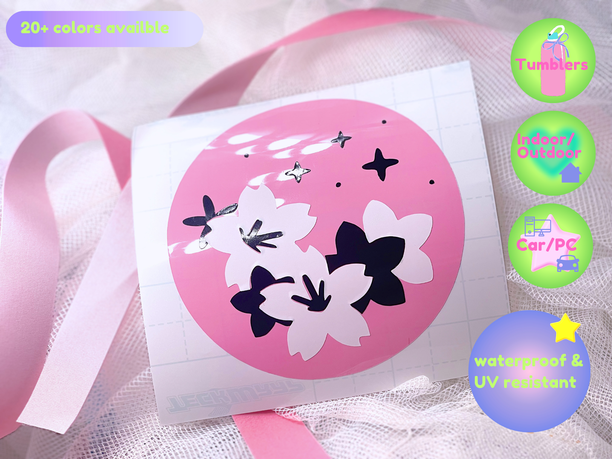Holographic Cherry Blossom Sticker, Waterproof Vinyl Decal