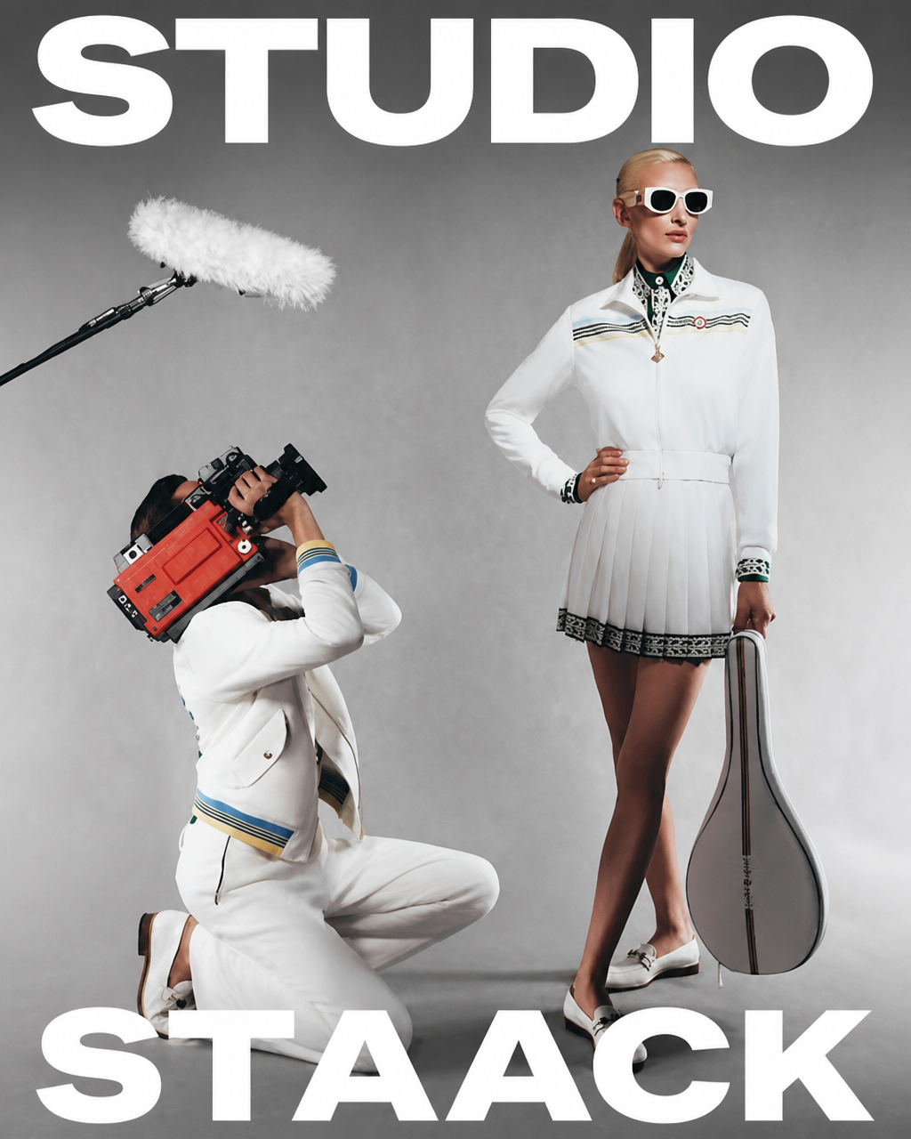 A woman wearing a white tennis dress with a pleated skirt, white shoes, and white sunglasses, holding a tennis racket. A man in a white suit kneels, holding a camera, with a large boom microphone and a red camera crane nearby. The background is gray, with the words 'STUDIO' and 'STAAACK' in bold white letters at the top and bottom.