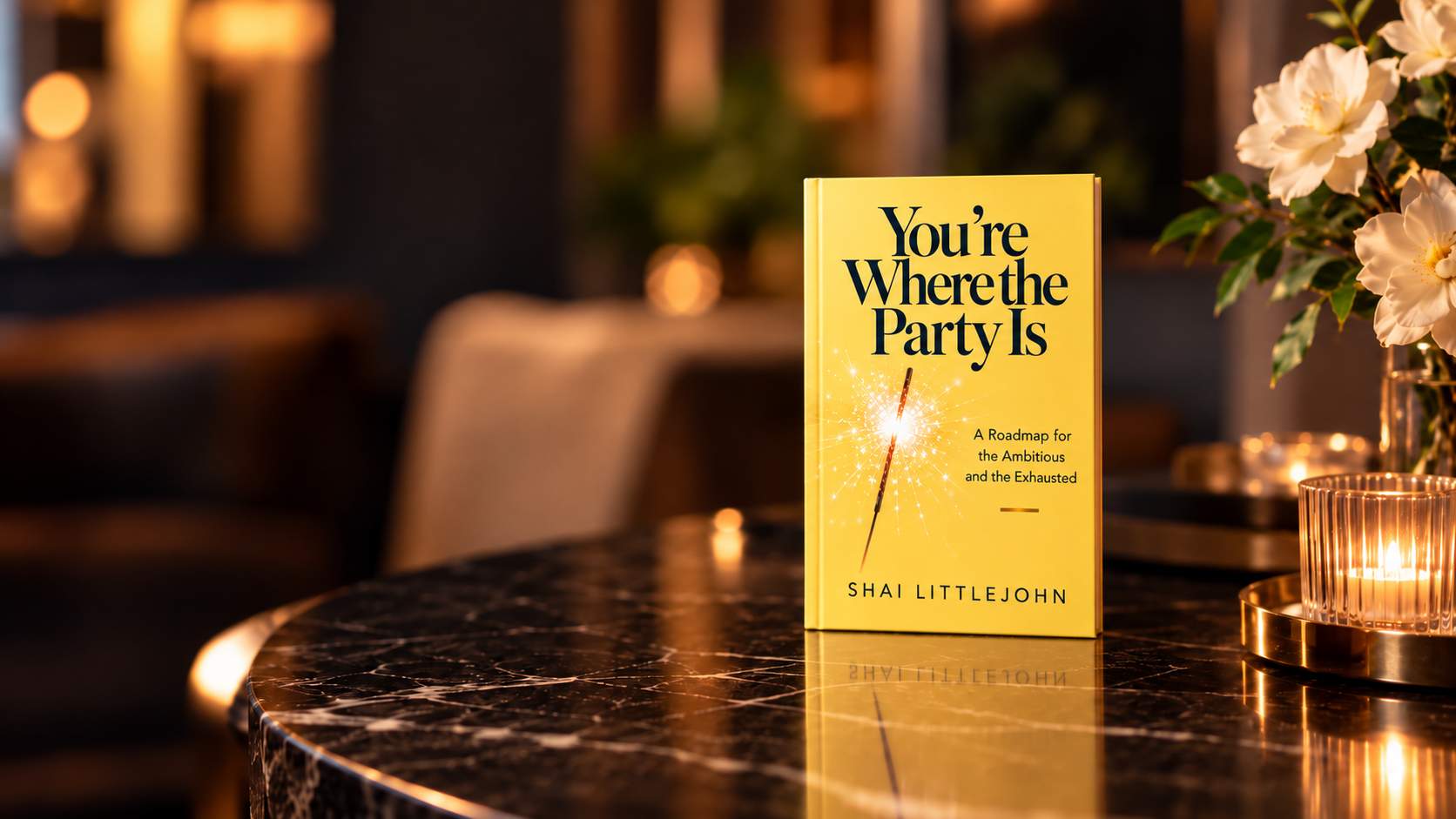 Yellow book titled “You’re Where the Party Is” by Shai Littlejohn on a marble table beside candles and white flowers.