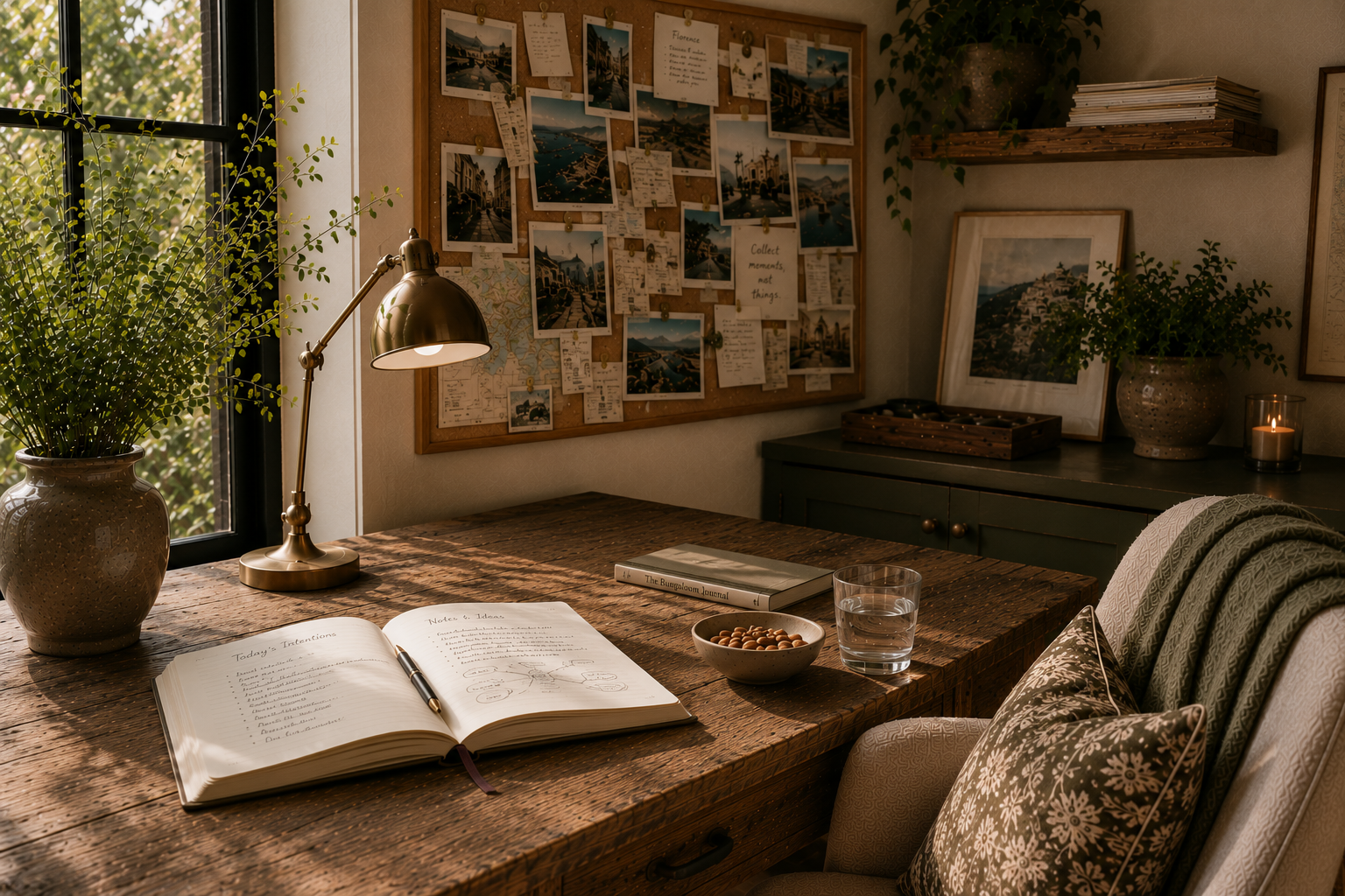 The home office of The Bungaloom with a wooden desk, sage color bookshelf filled with books and a window with sun shining through.