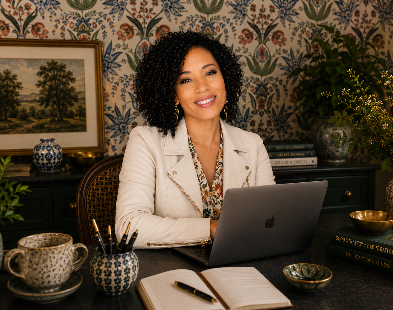 A woman with curly black hair smiling while sitting at a desk with a laptop, surrounded by decorative items, books, and plants in a cozy, well-decorated room.