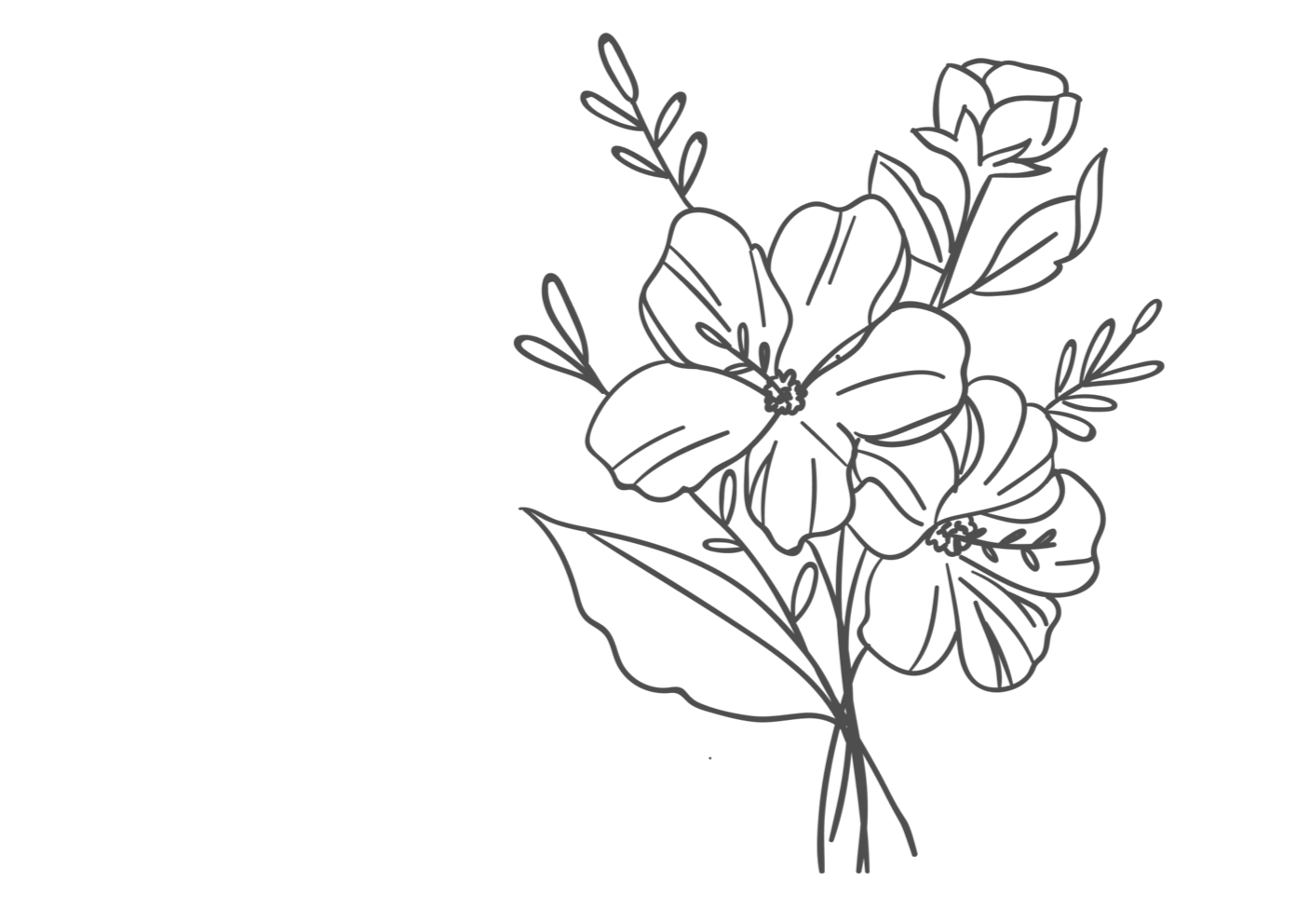 Outline drawing of a bouquet of flowers with leaves.