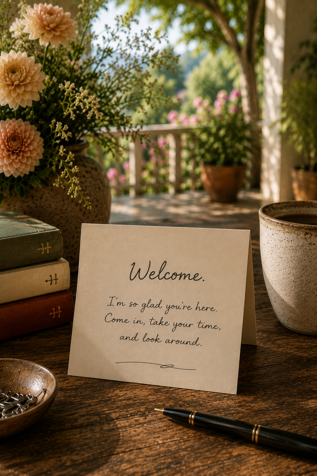 A welcome sign on a wooden table with a pen, potted plants and a vase of flowers in the background.