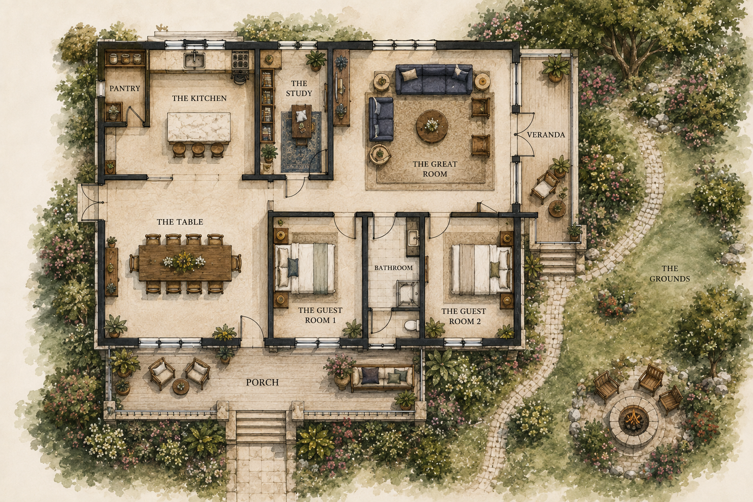 Floor plan of a house with a porch, two guest rooms, a bathroom, the great room, the study, the kitchen, pantry, dining area, and verandah, surrounded by greenery and landscaping with a circular fire pit on the grounds.