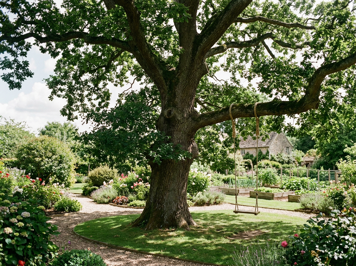 A large tree with a wooden swing hanging from one of its branches in a lush garden with various flowers and shrubs