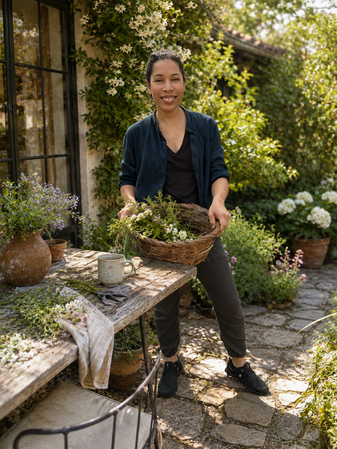 A woman is standing outdoors in a garden, holding a basket of white flowers. She is smiling and surrounded by potted plants and blooming flowers on a rustic wooden table and stone pathway.