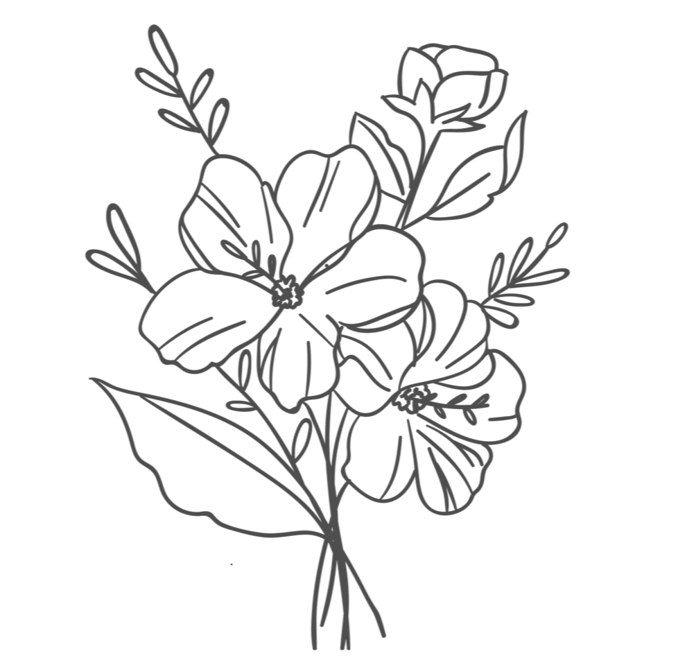 Line drawing of a floral arrangement with a large flower at the center, surrounded by smaller flowers and leaves.