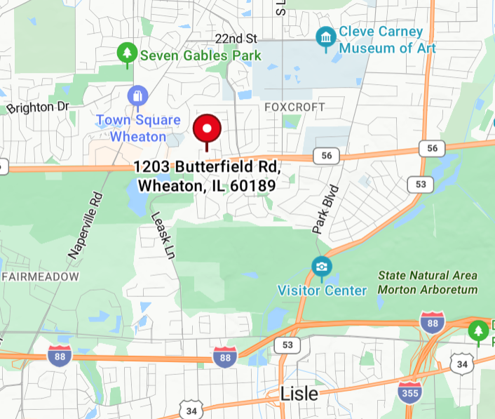 Map showing the location of 1203 Butterfield Rd, Wheaton, IL 60189, with nearby landmarks including Seven Gables Park, Town Square Wheaton, Cleve Carney Museum of Art, and the State Natural Area Morton Arboretum.  Easy parking and access.