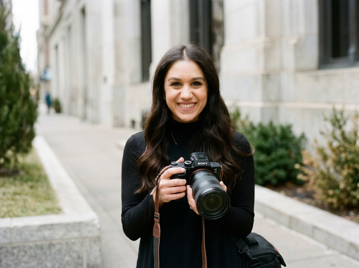 A smiling young woman with long dark hair holding a professional camera on a city sidewalk, she's a lifestyle and family photographer named Tricia Yoshii located in Glenview IL.