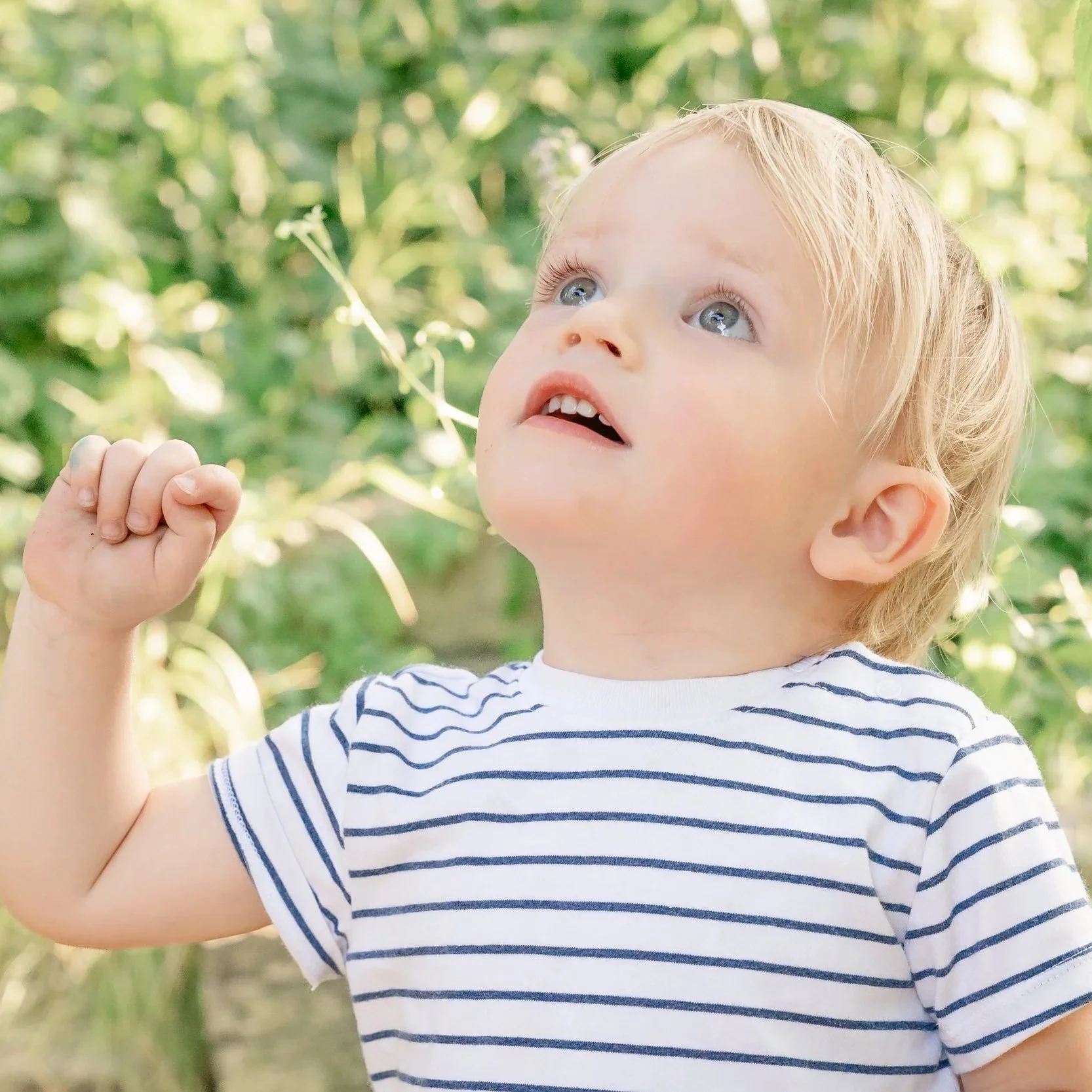 A young boy with blond hair and blue eyes outdoors, wearing a striped shirt, looking up with a curious expression, surrounded by green foliage located in the Chicago Lincoln Park area.