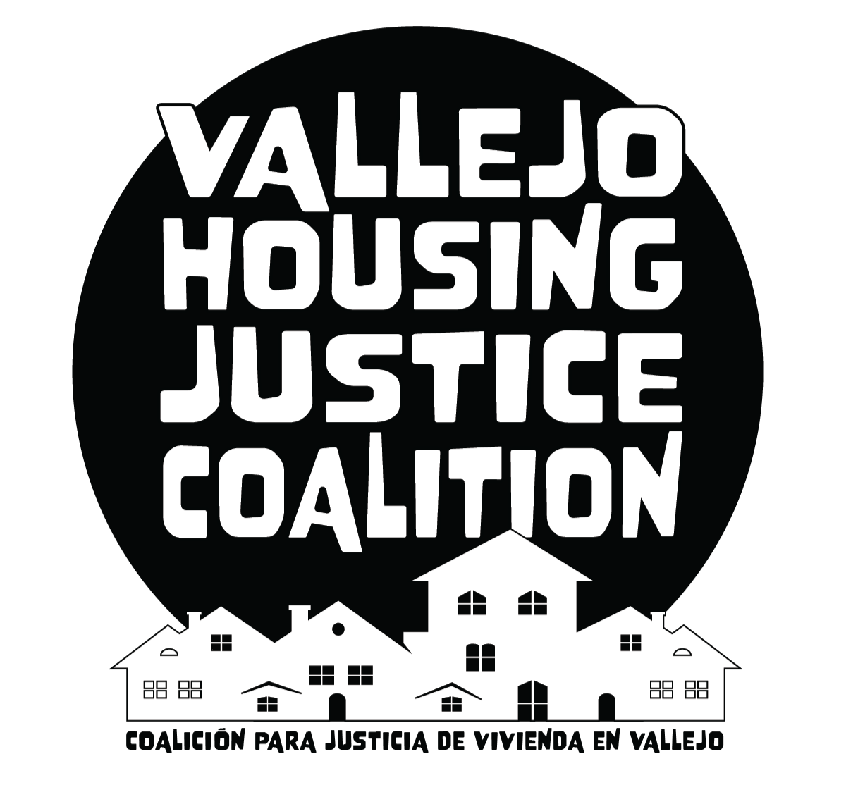 Text reads Vallejo Housing Justice Coalition, over a black circle with a neighborhood graphic at the base of the logo