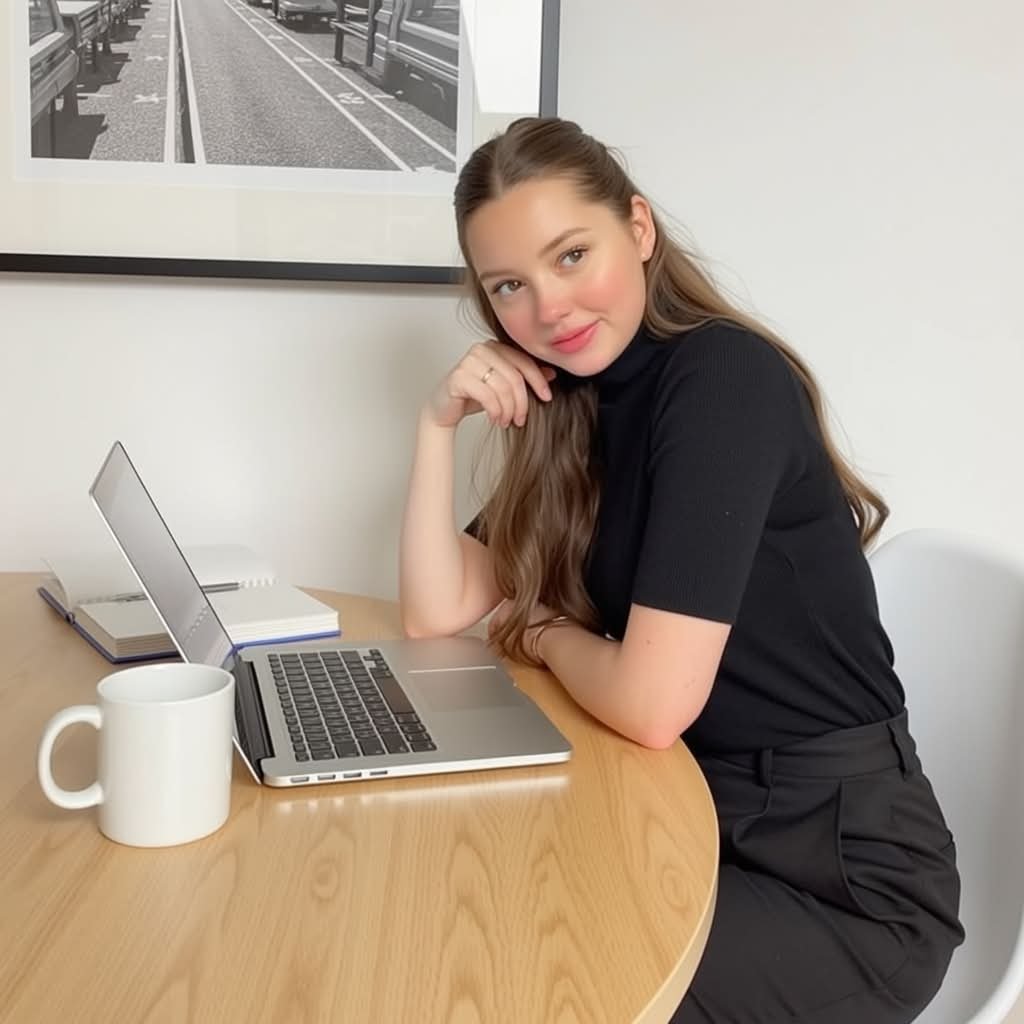 A young woman with long brown hair, wearing a black turtleneck and black pants, sitting at a wooden table with a silver laptop, a white mug, and some notebooks in an office setting with a framed black and white photo of a parking lot on the wall behind her.