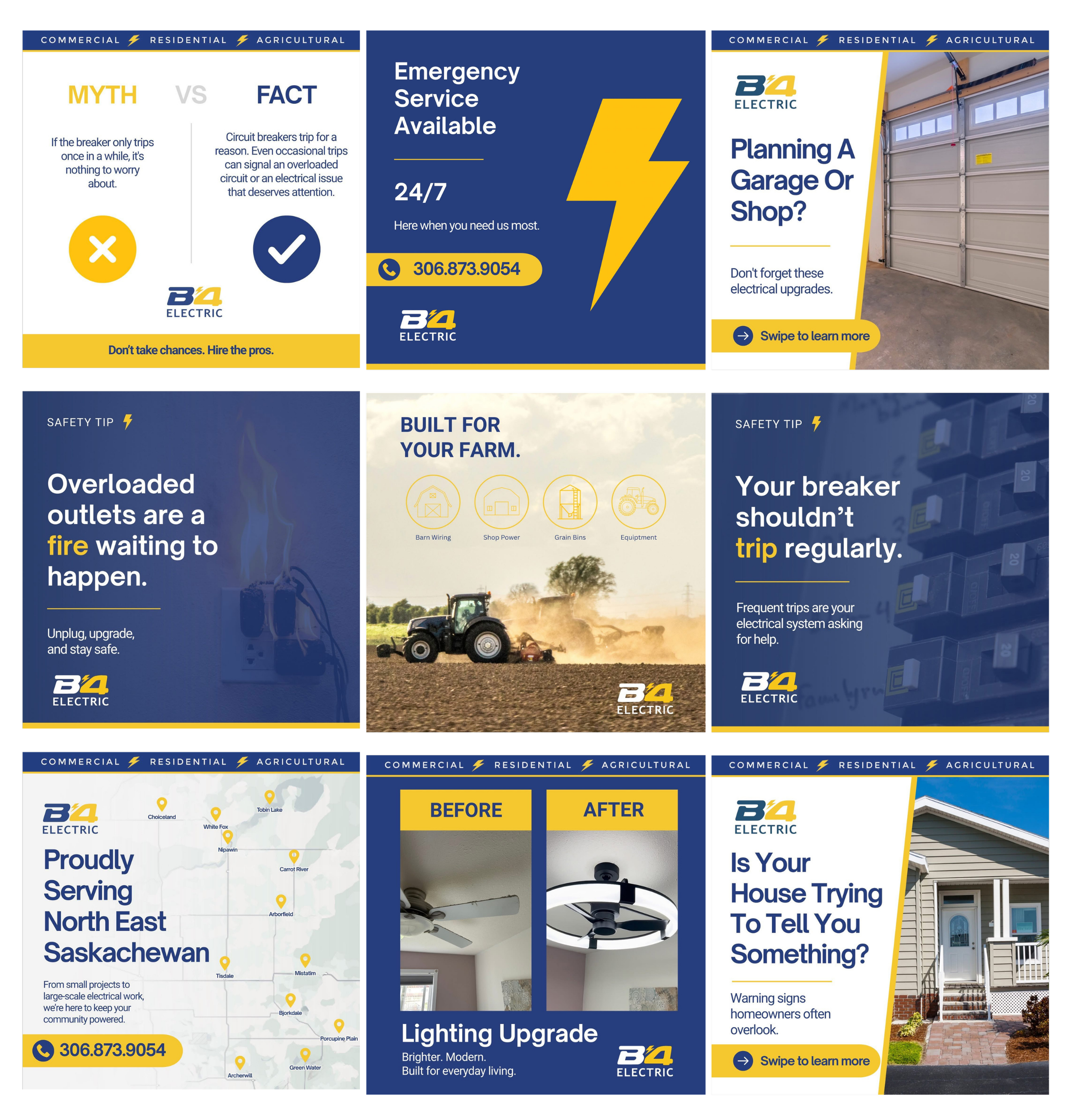 Promotional graphic for B4 Electric featuring sections about myths and facts about circuit breakers, 24/7 emergency service contact information, and tips for electrical upgrades. Includes symbols, maps, and images of garages, houses, and farming equipment.