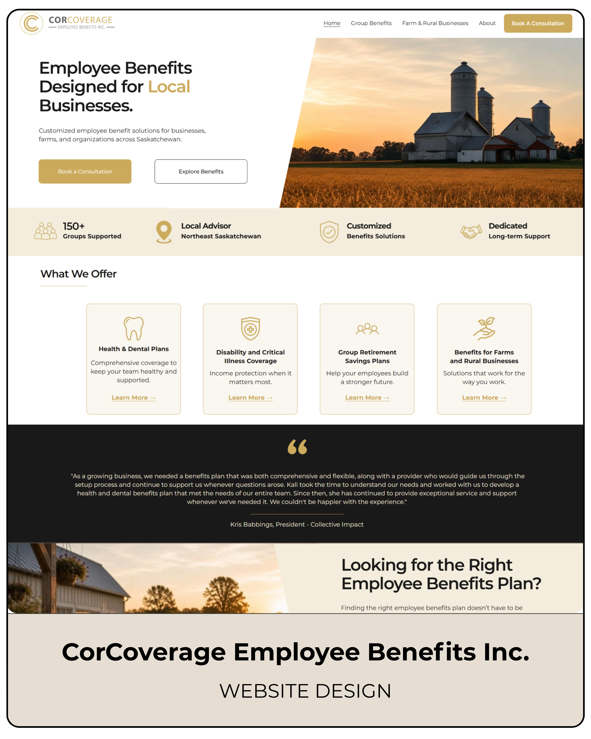 Screenshot of a website homepage for CorCoverage Employee Benefits Inc., featuring a farm scene with silos and barns at sunset, and text promoting employee benefit solutions for local businesses in Saskatchewan.