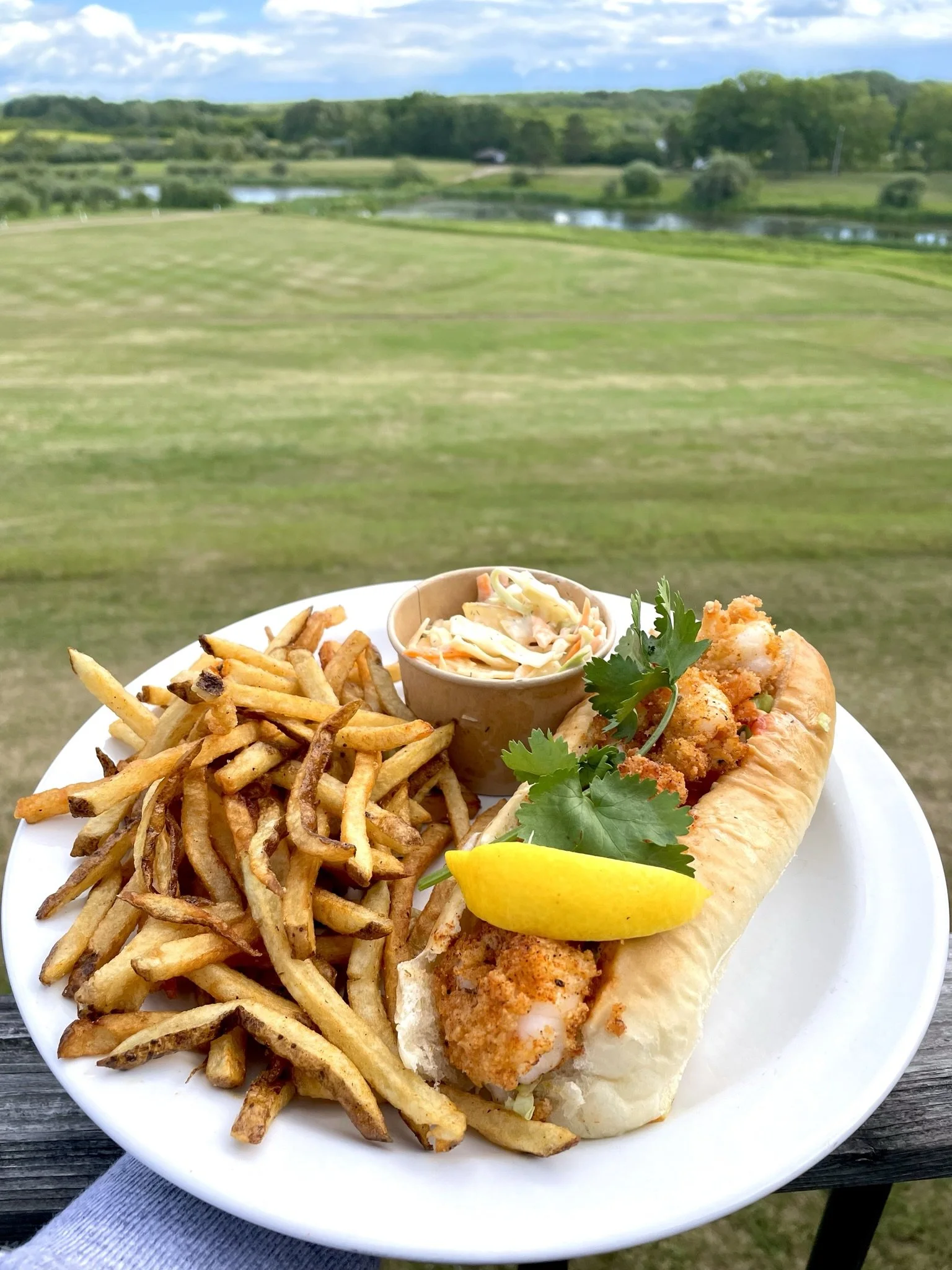 Plate of French fries, coleslaw in a small cup, fried shrimp taco with lettuce, cilantro, and lemon wedge, all set outdoors on a wooden table.