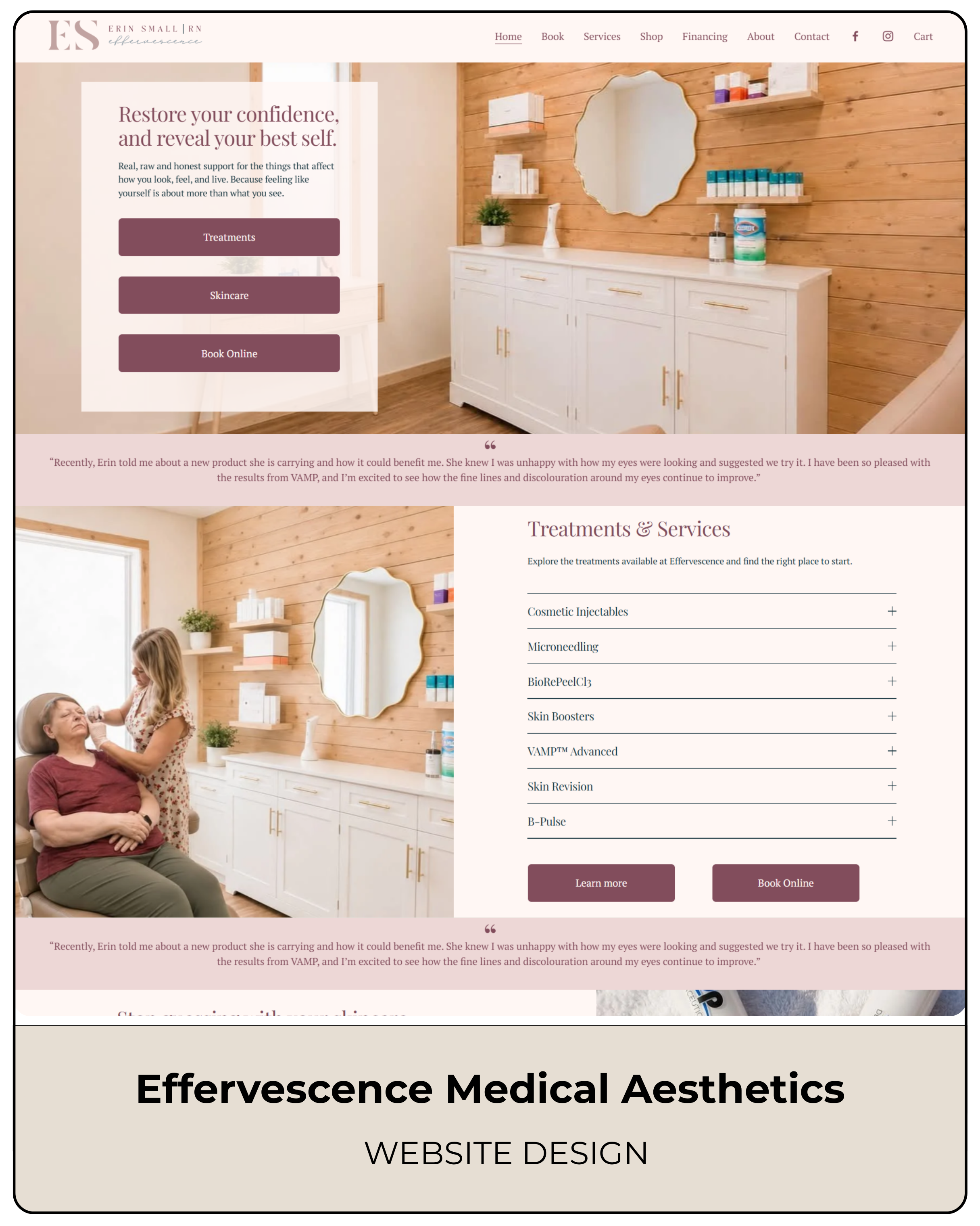 A screenshot of a medical aesthetic clinic's website homepage with a header including the clinic name and navigation menu, a main section with a welcoming message, and images of a consultation room with treatment scenes.