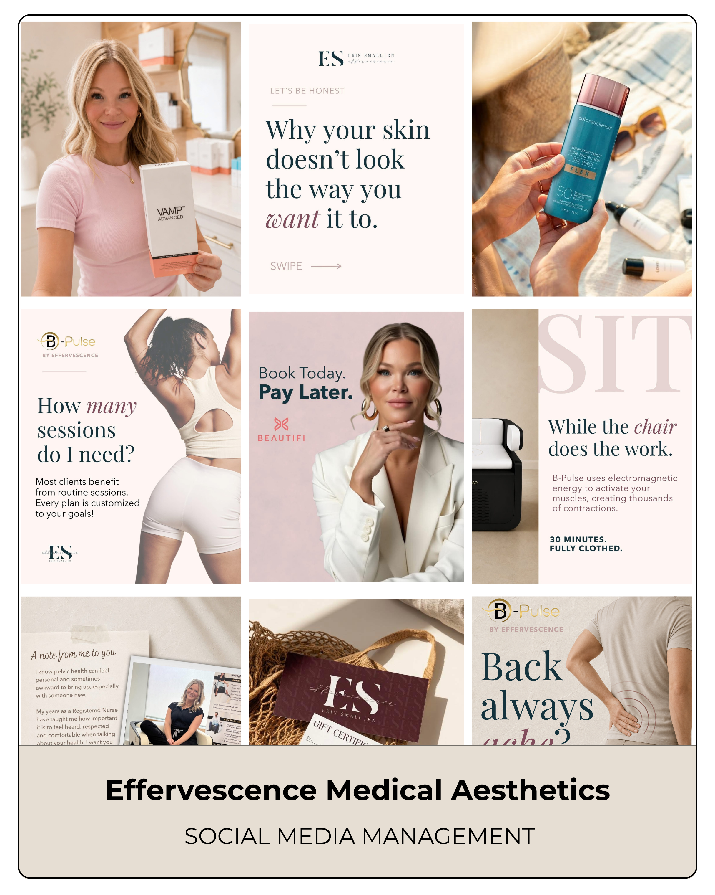 Collage of images promoting skincare, healthcare, and aesthetic services. Features a woman holding a skincare product, a woman doing exercises, a woman in a white blazer, skincare bottles, gift certificates, and text about medical aesthetics and soci