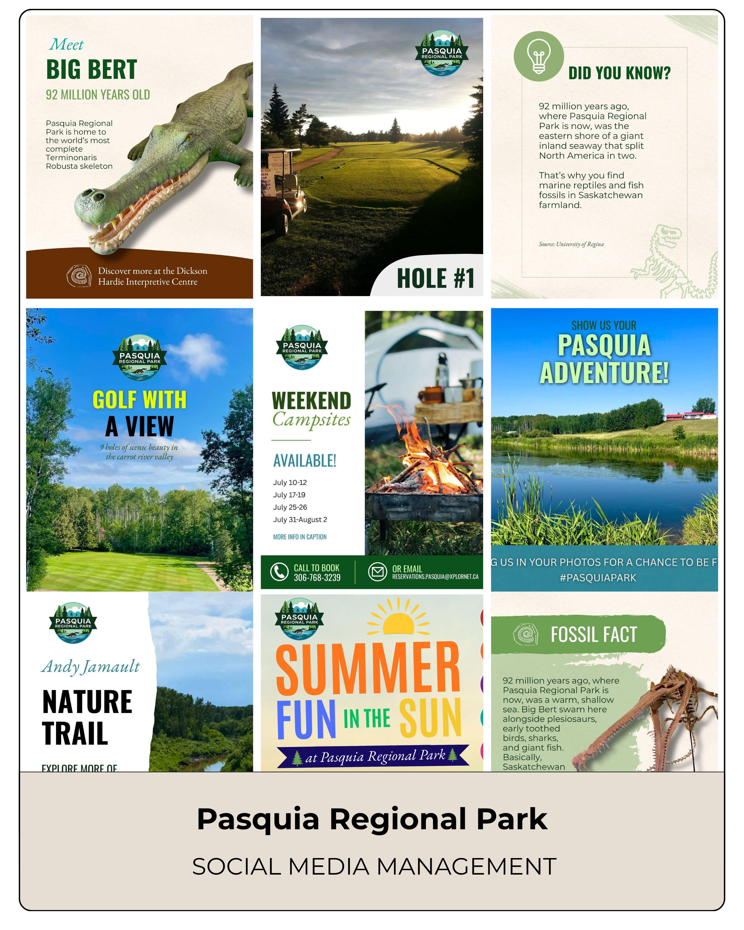 A collage of promotional images for Pasquia Regional Park, featuring scenes of golf courses, camping, nature trails, and educational facts about local fossils and wildlife.