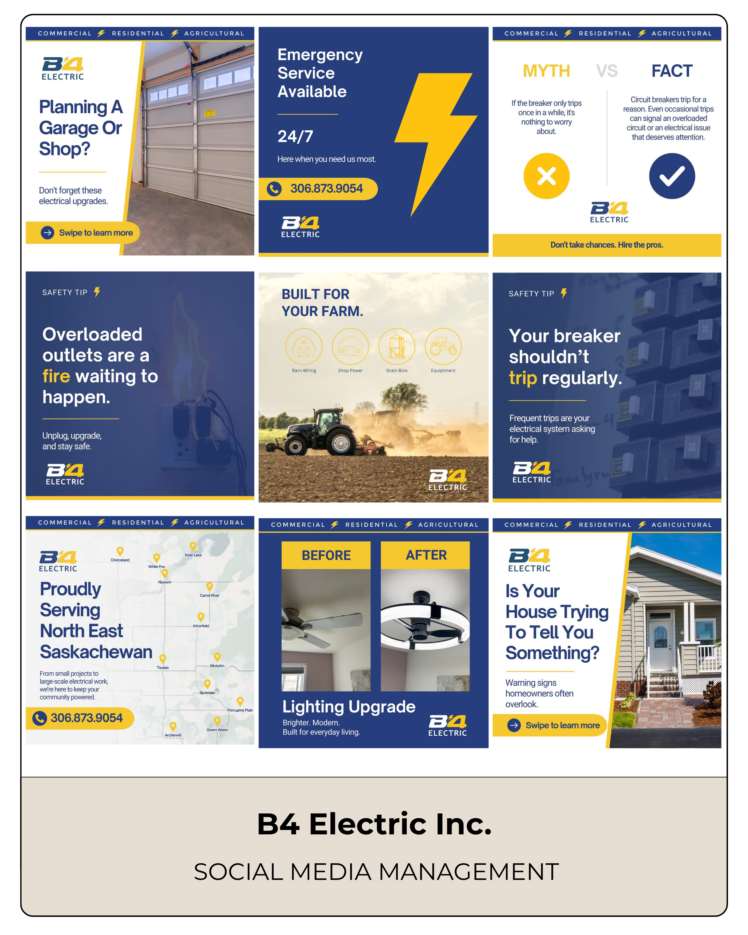 A collage of promotional images and information for B4 Electric service company. It includes sections about garage planning, emergency service, electrical safety tips, service coverage area, lighting upgrades, and a home exterior with stairs and a do