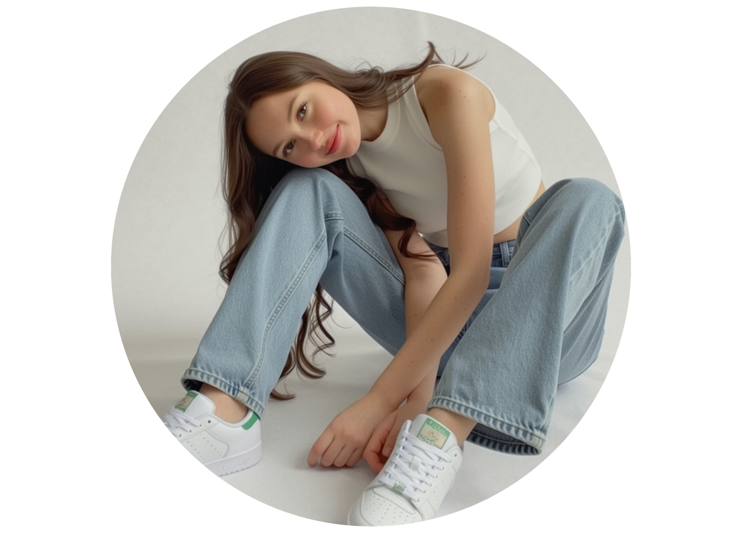 Young woman with long brown hair sitting on the floor, wearing a white sleeveless top and light blue jeans, tying white sneakers with green accents in a minimalistic white background.