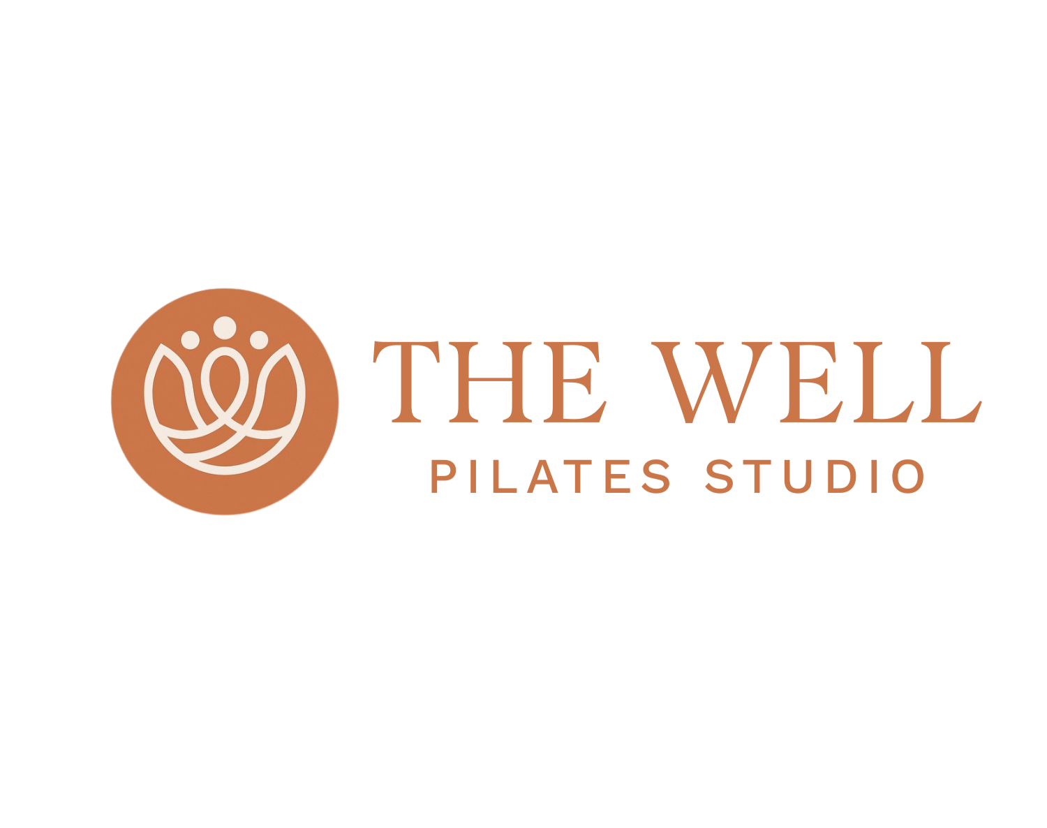 Logo for The Well Pilates Studio featuring a stylized lotus flower and the studio name written in brown and beige text.