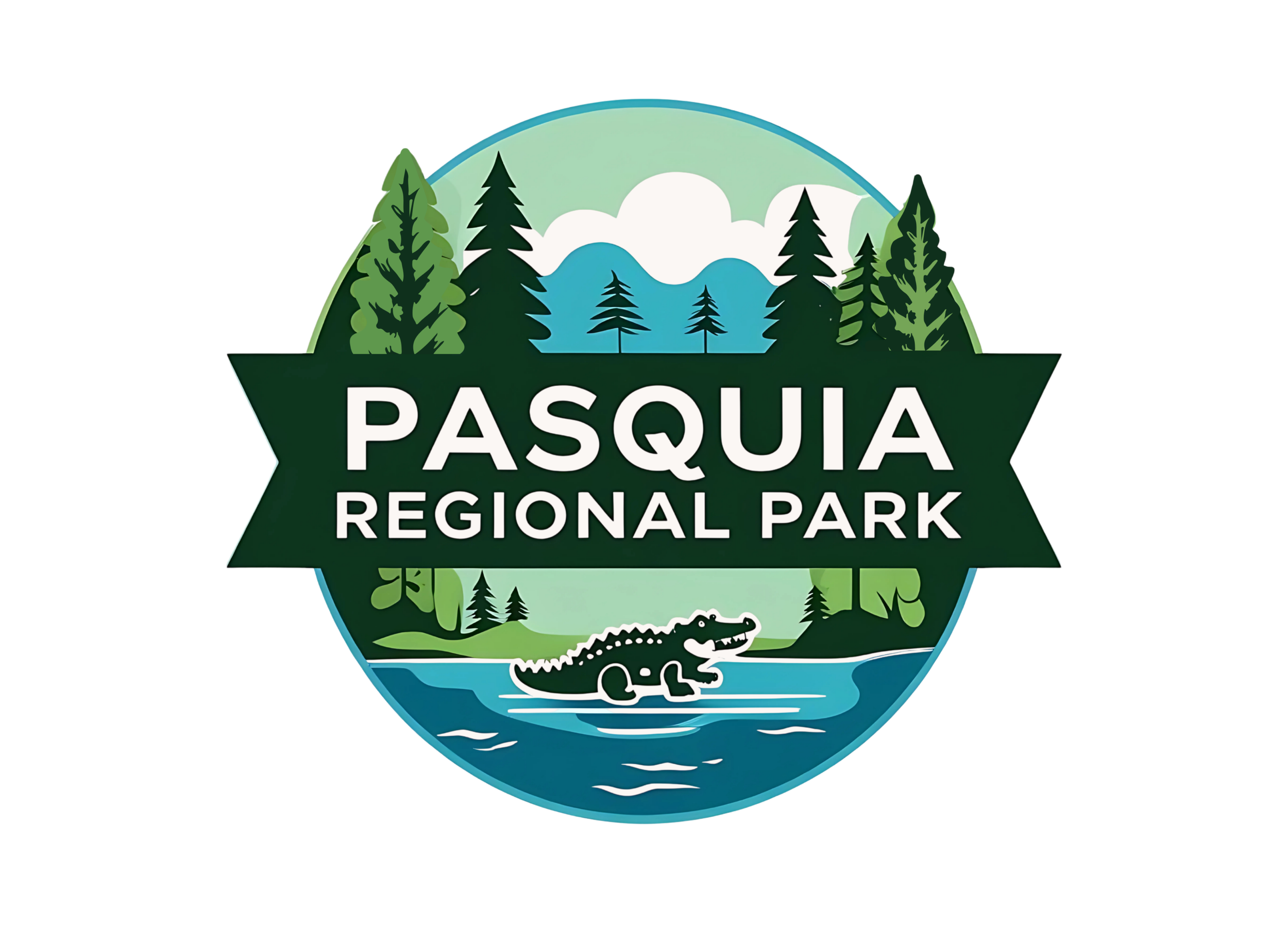 Logo for Pasquia Regional Park featuring trees, mountains, a river, and an alligator.