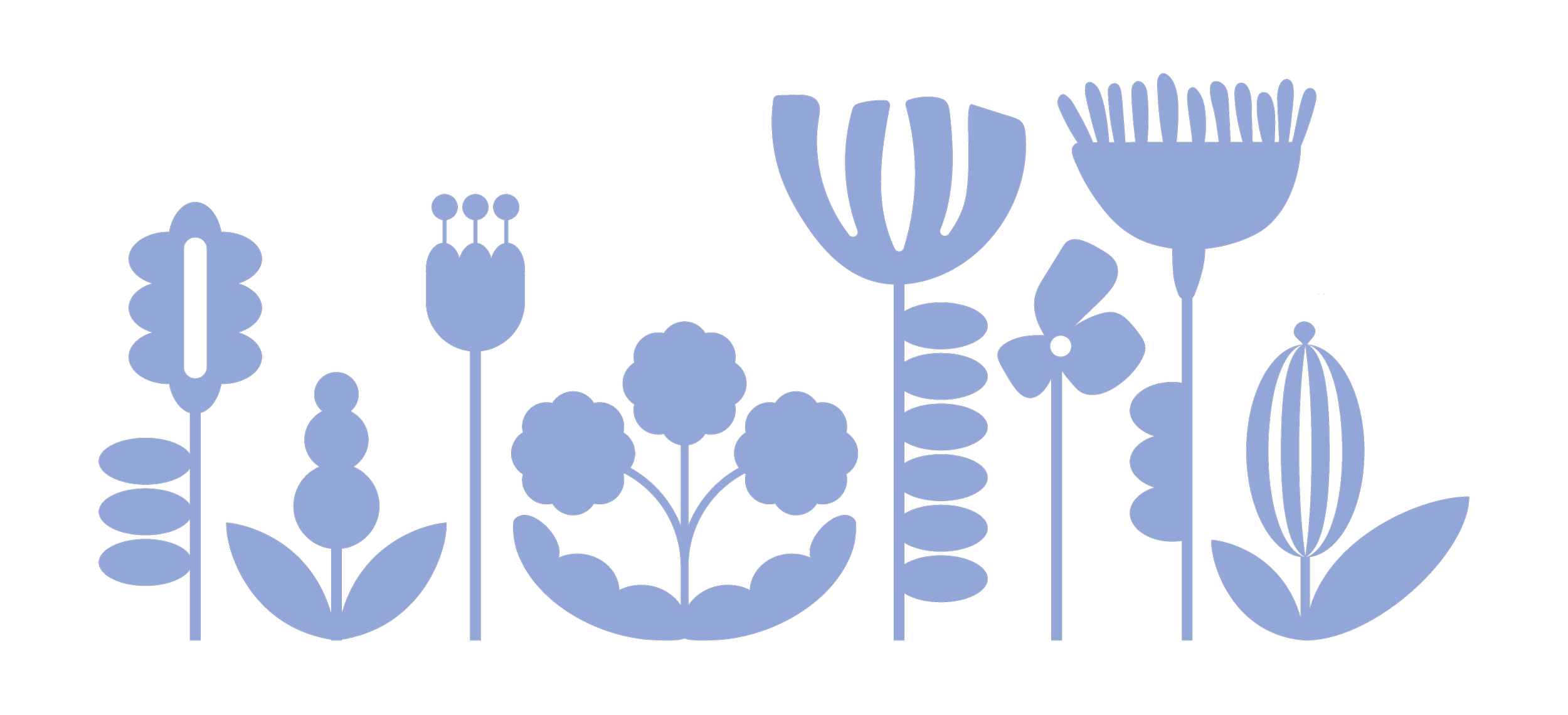 Blue floral pattern with various stylized flowers and leaves on a black background.