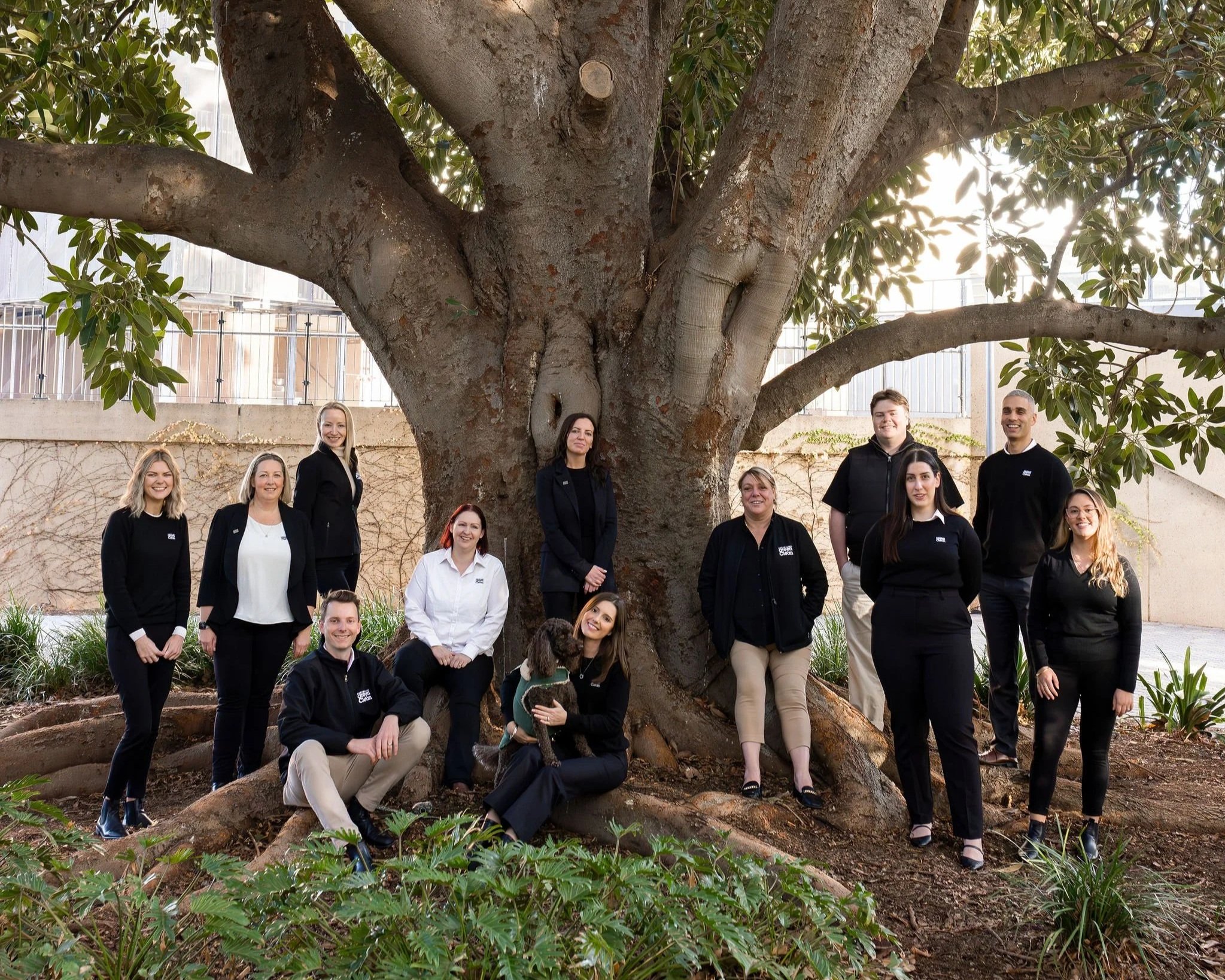 A group of people gathered around a large tree with wide branches and green leaves, standing and kneeling on the ground in an outdoor setting.