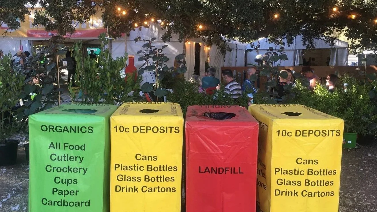 Four color-coded recycling bins labeled for organics, 10-cent deposits, landfill, and 10-cent deposits at an outdoor event, with people sitting in the background and string lights overhead.