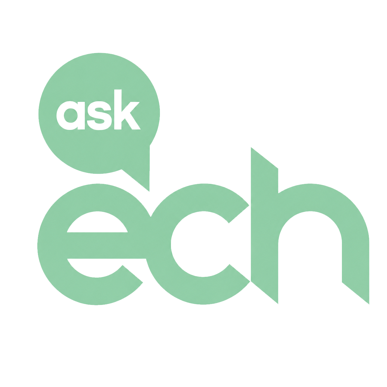Logo with a speech bubble that says 'ask' over a stylized 'e', 'c', and 'h' letters in green gradient color.
