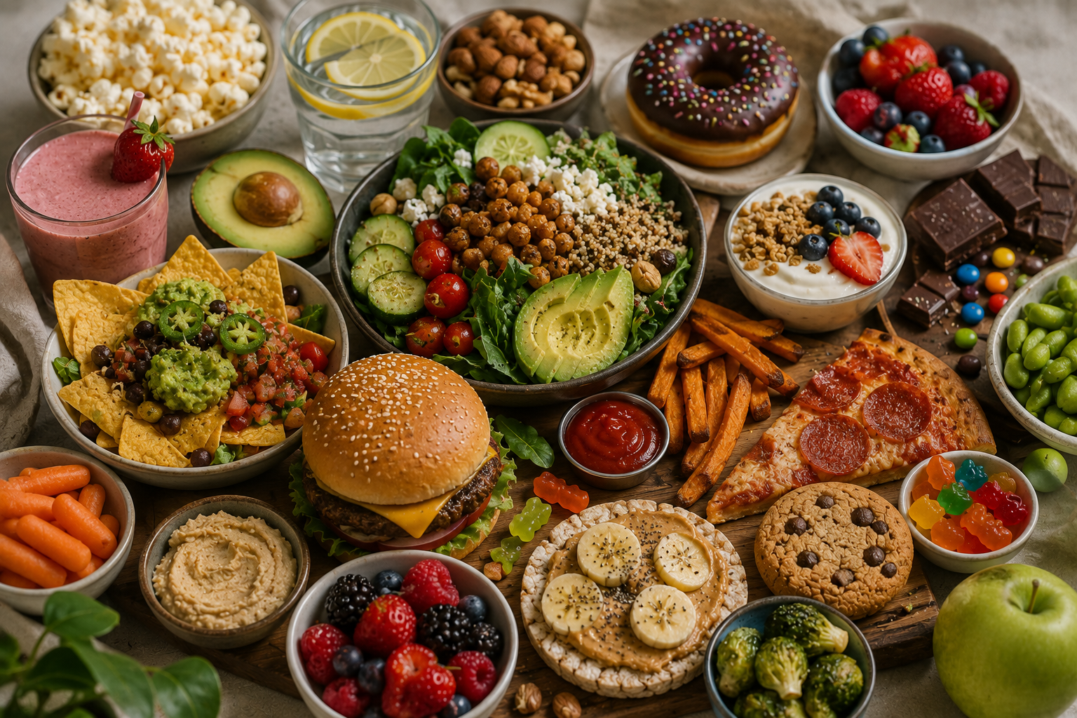 Assorted food spread including a salad with avocado, cucumber, cherry tomatoes, and grains; a cheeseburger; pizza slice; bowls of fresh berries, grapes, sliced bananas, carrots, hummus, gummy candies, and various snacks; a chocolate donut, chocolate bars, and M&M candies; a yogurt with blueberries and granola; a cup of strawberry smoothie with a strawberry garnish; a glass of water with lemon slices; and a green apple.