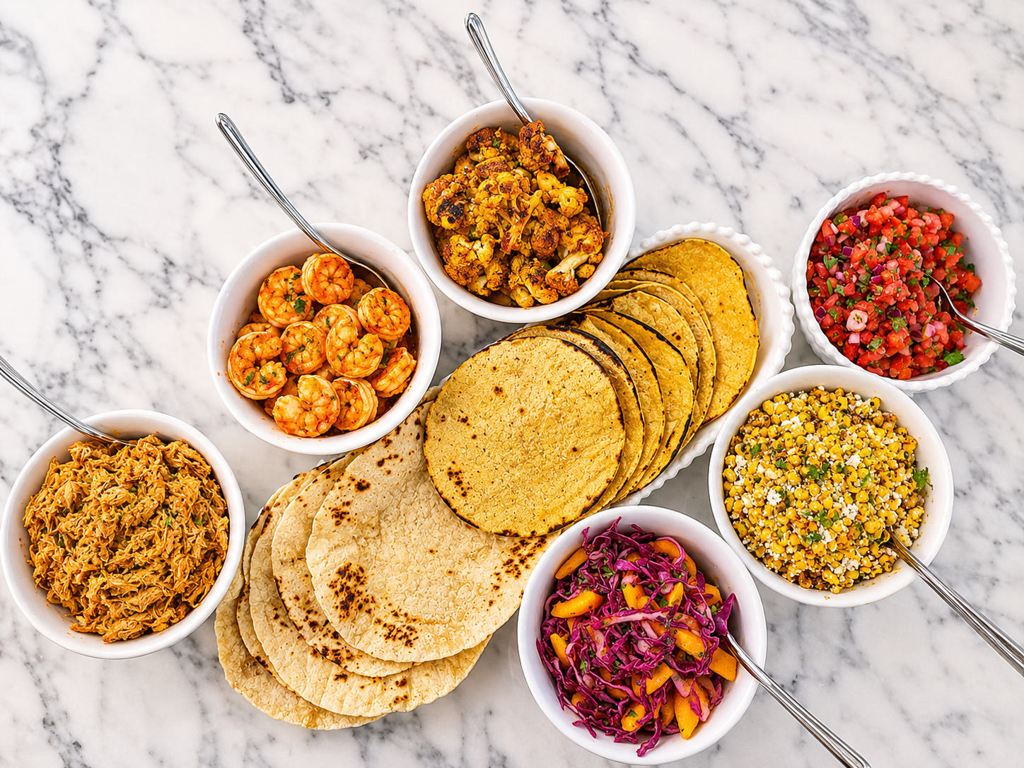 Display of tortillas with an assortment of taco accompaniments.