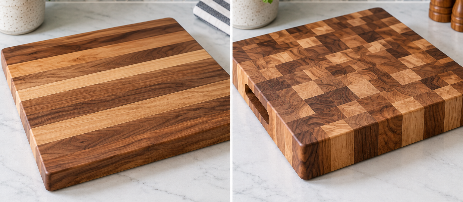 Side-by-side comparison of two wooden cutting boards: an edge-grain board with long horizontal wood strips on the left and a thick end-grain board with a checkerboard wood pattern on the right.