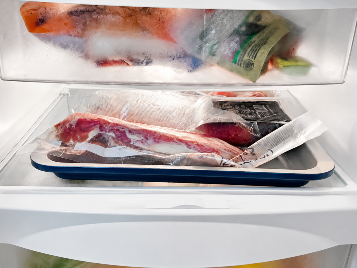Vacuum-sealed raw meat stored on a tray on the bottom shelf of a refrigerator for safe thawing.
