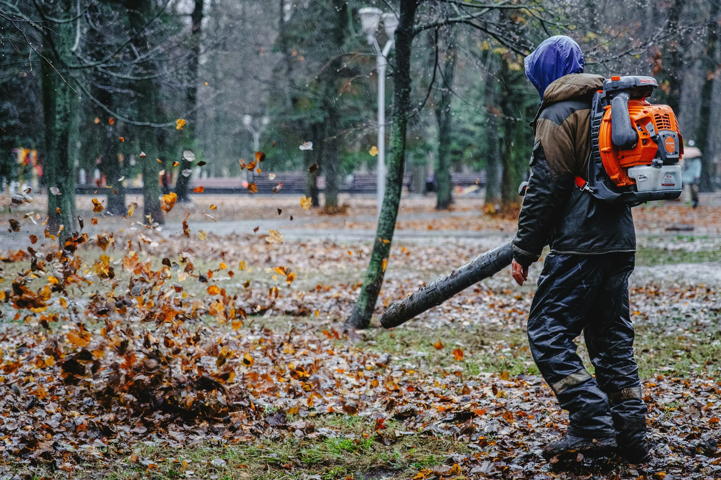 A person in rain gear and boots using a backpack leaf blower to clear fallen leaves from a park on a rainy day.