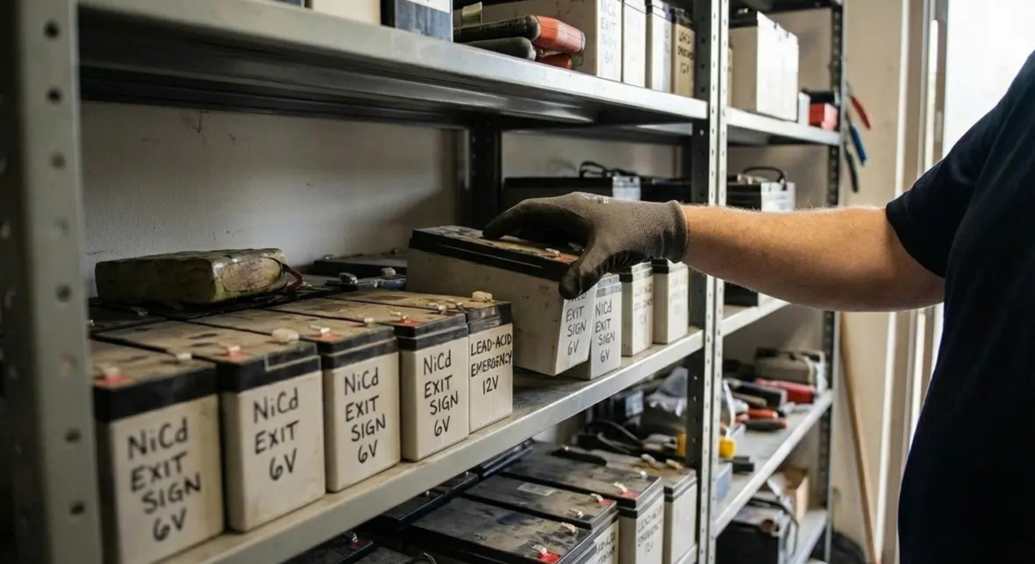 A person wearing a black shirt and a glove handles a black box on a metal shelving unit filled with labeled boxes and electrical components.
