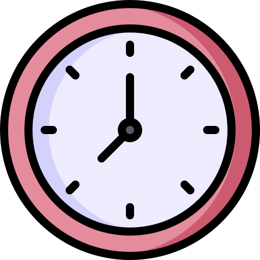 Pink wall clock showing 12:30.