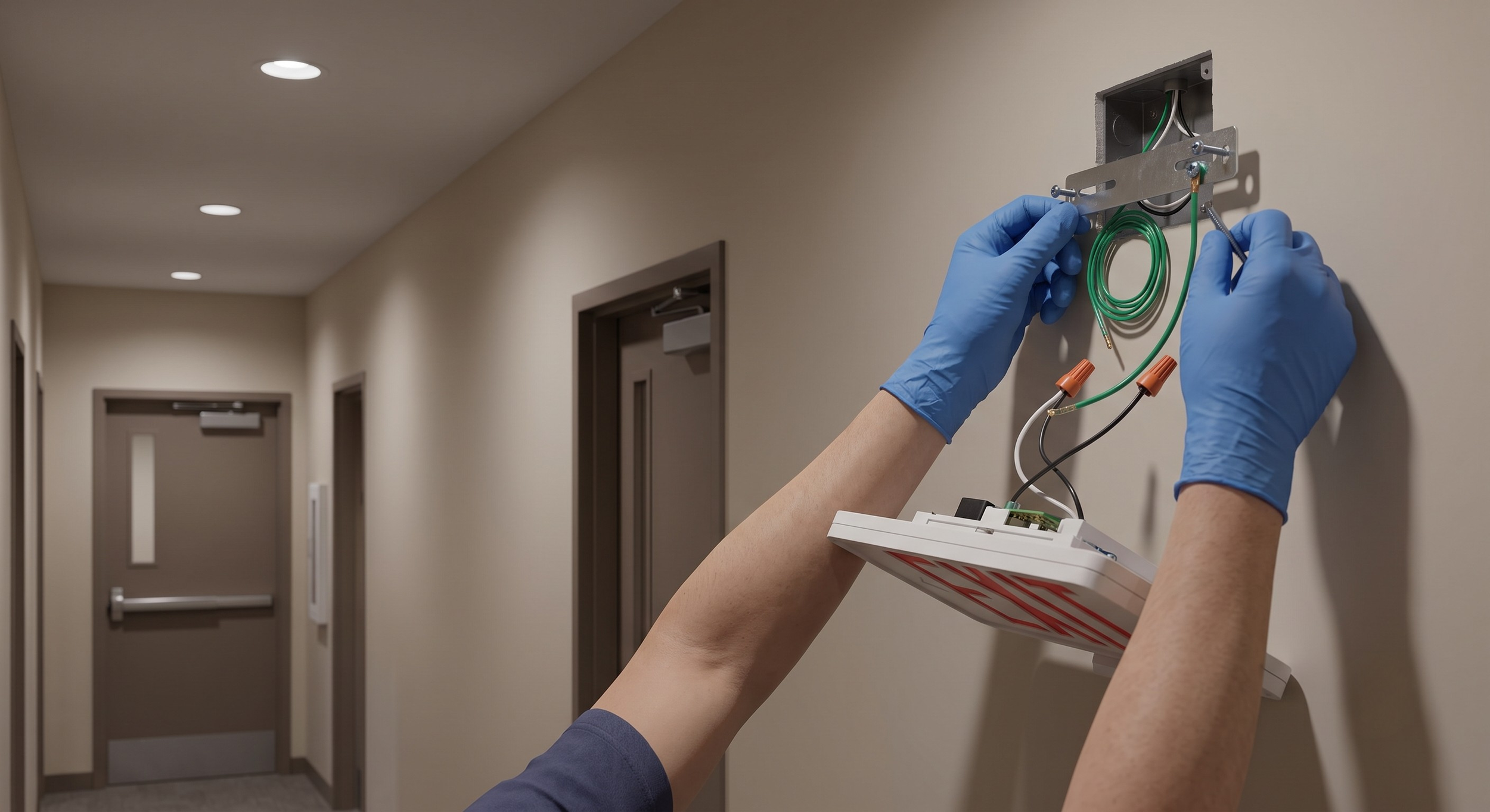 Person wearing blue gloves installing wiring inside an electrical box on a beige wall in a hallway with closed brown doors.