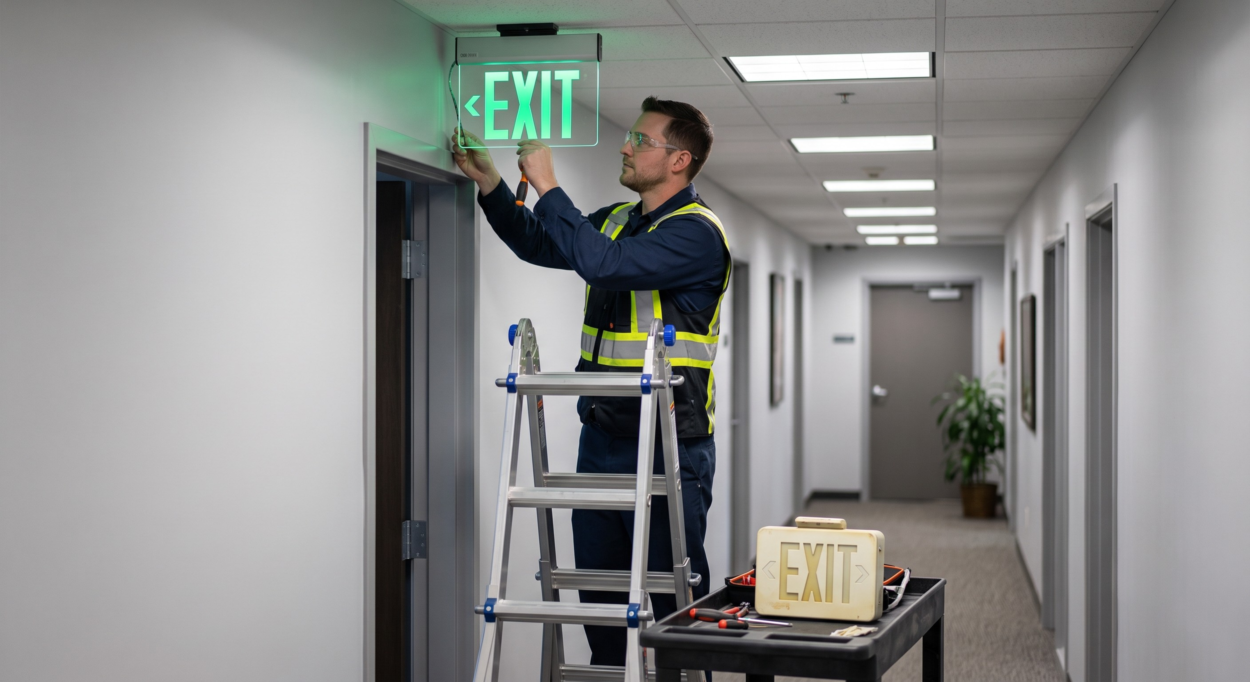 A maintenance worker installing an illuminated green 'EXIT' sign above a doorway in an office hallway, standing on a step ladder with tools and an 'EXIT' sign on a toolbox nearby.