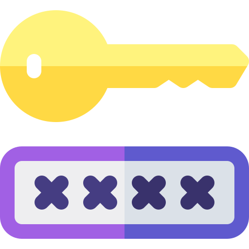 A yellow key above a purple and gray password box with four X's.