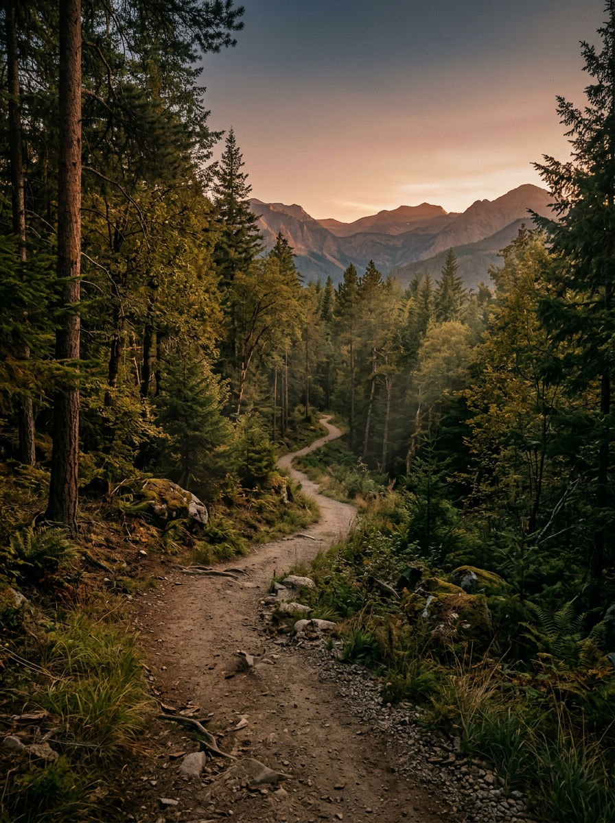 A winding dirt trail through a dense pine forest with mountains in the background during at sunset.