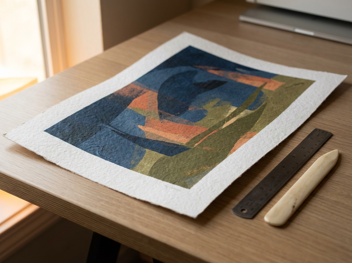 An abstract watercolor painting of geometric shapes and organic lines in shades of blue, green, orange, and beige, resting on a wooden table with a ruler and a bone folder nearby.