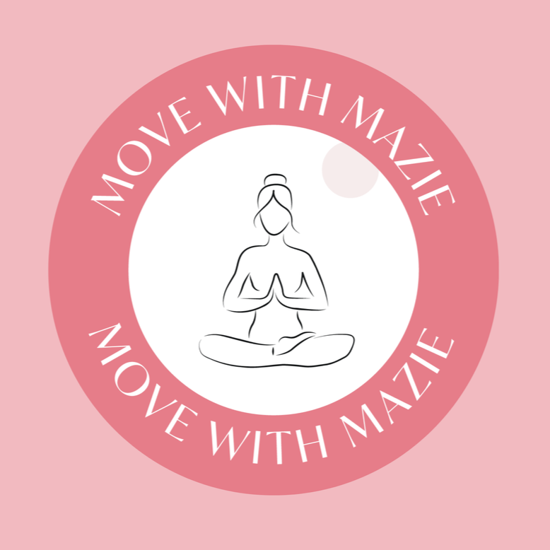 A pink circle with the text "Move with Mazie" written around it. Inside the circle, there is a simple line drawing of a woman sitting cross-legged with hands in a prayer position, in a meditation pose.