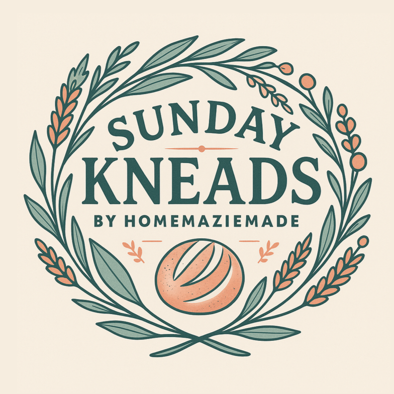 Design for Sunday Kneads by Homemade featuring a circular wreath of leaves and wheat, with a bread roll illustration in the center.