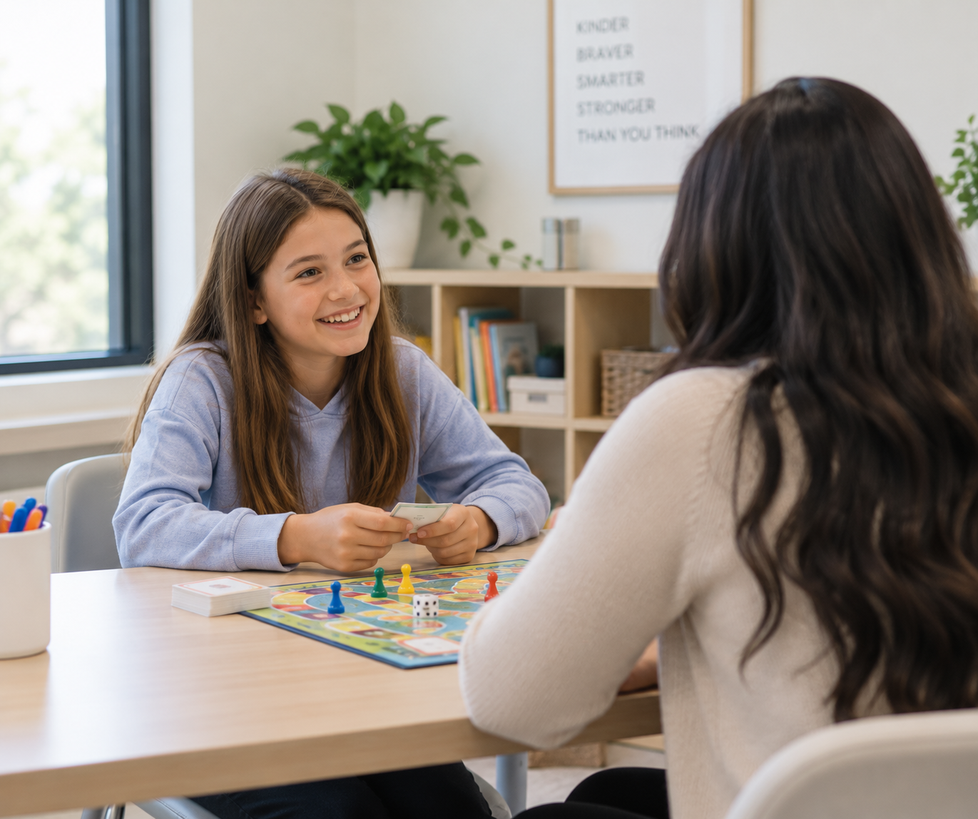 Pediatric speech-language pathologist providing individualized speech therapy while playing a board game with a school-age child.