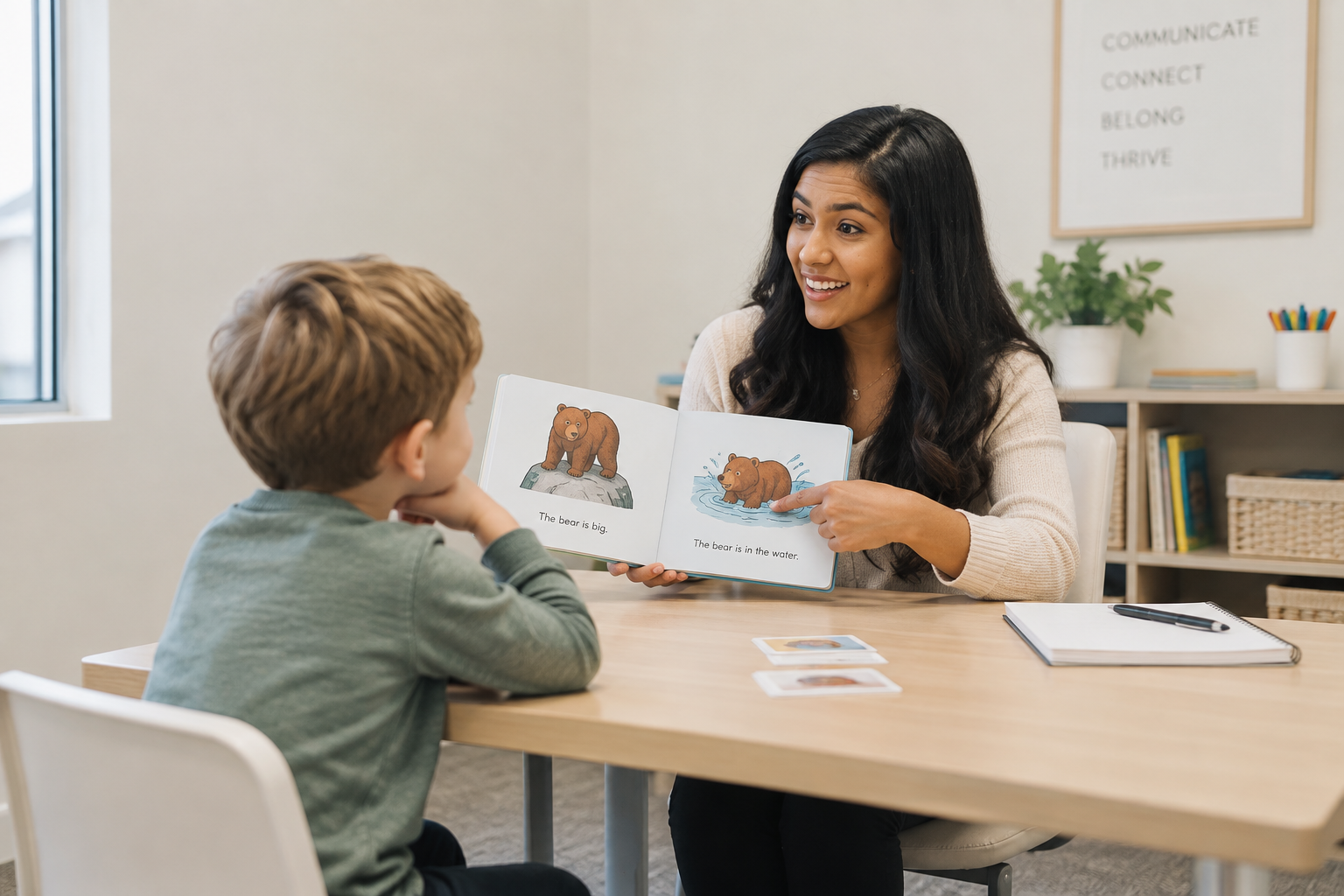 A speech language pathologist doing a speech and language evaluation on a child.