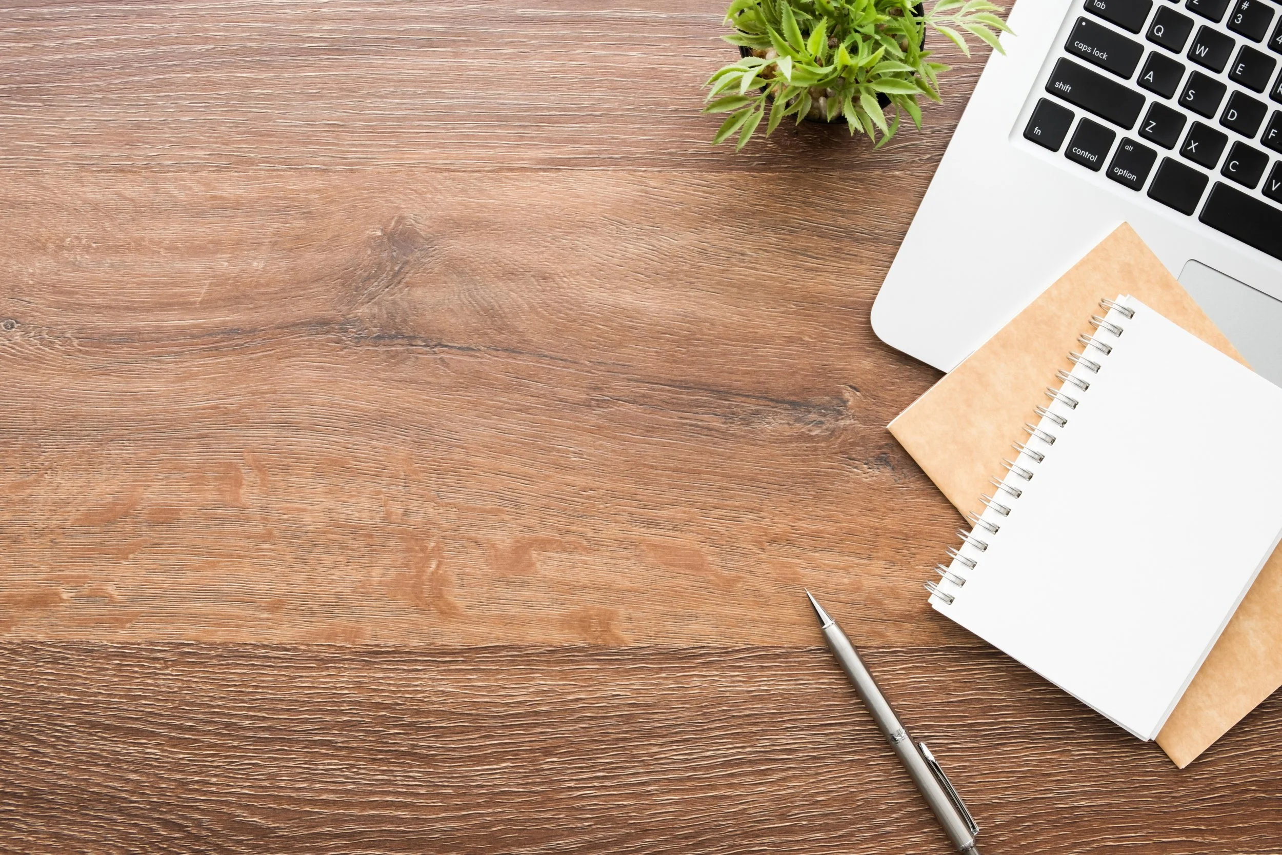 A wooden desk with a laptop, a small green plant, a spiral notebook, a closed manila file folder, and a silver pen.