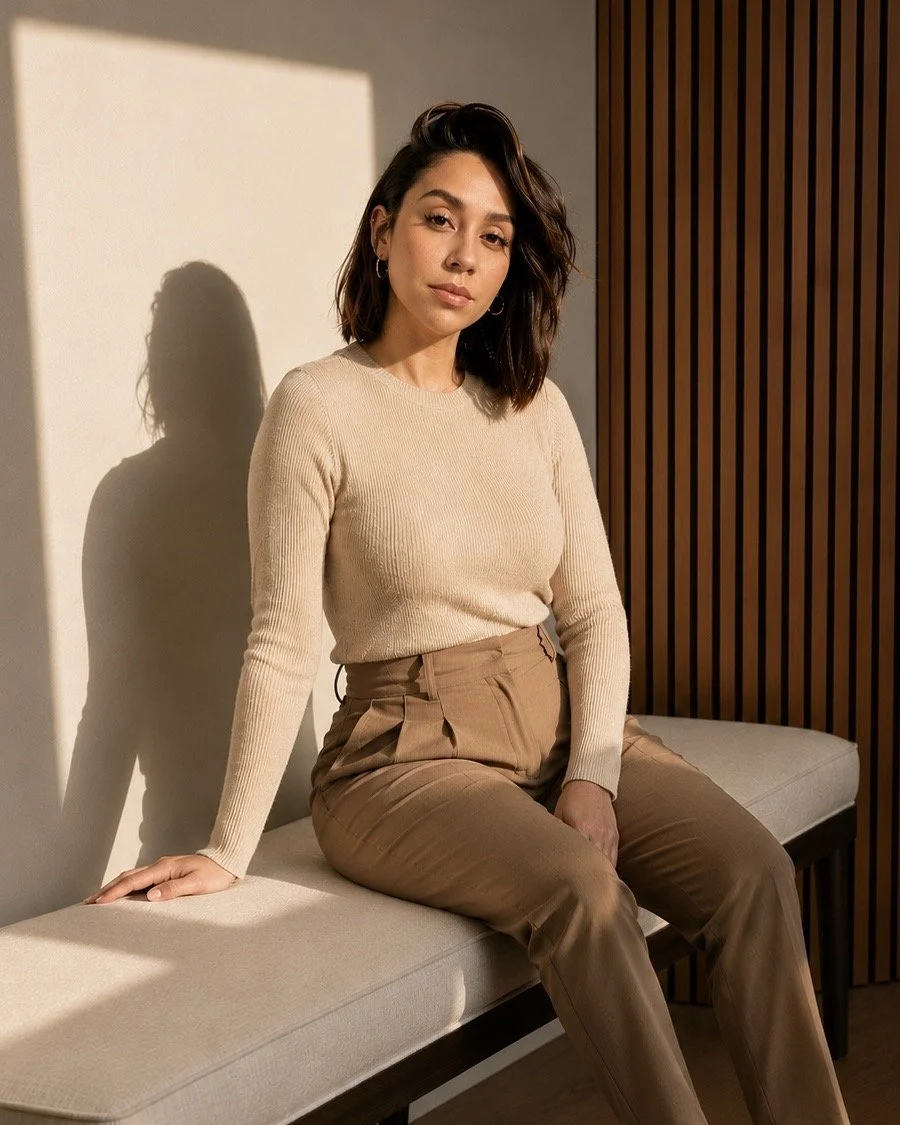 A young woman with shoulder-length dark hair sitting on a beige bench in front of a wall with wooden paneling. She is wearing a beige long-sleeve top and brown high-waisted pants, with sunlight casting a shadow of her profile on the wall behind her.
