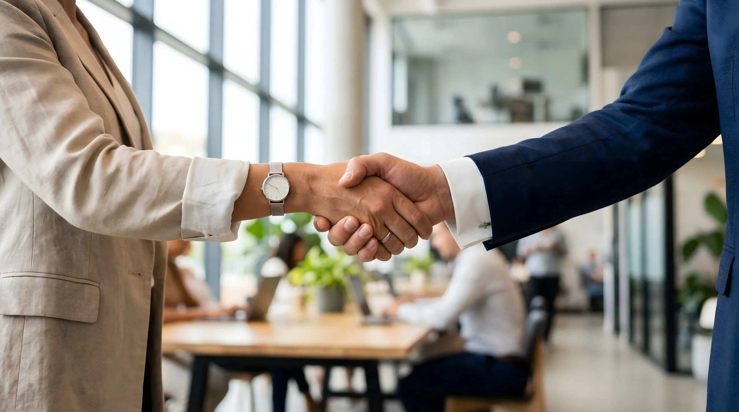 Two people shaking hands in an office environment, with people working at desks in the background.