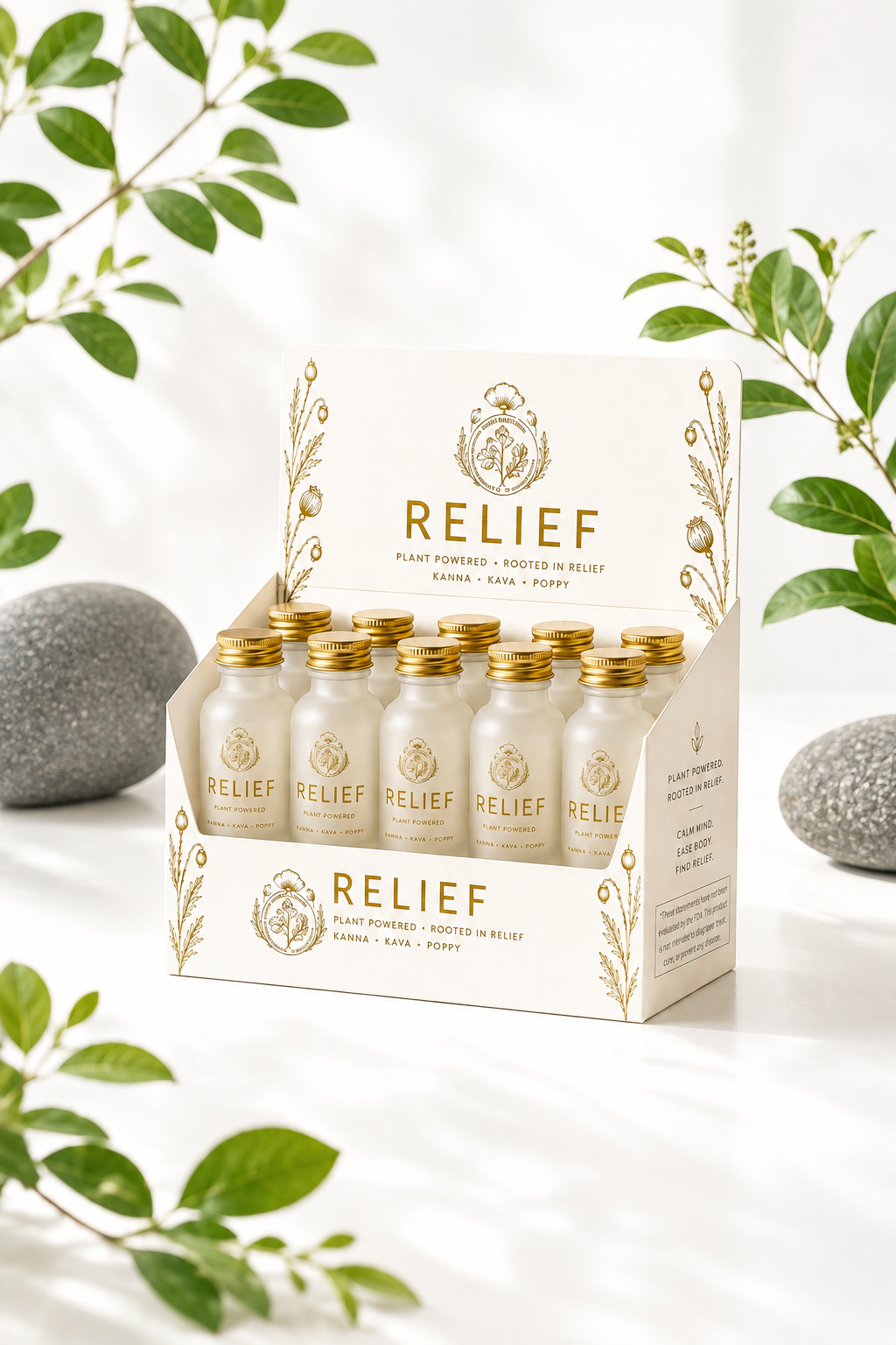 Display box of RELIEF premium botanical wellness shots featuring Kava, Kanna, and California Poppy, with white bottles, gold caps, botanical artwork, green foliage, and natural decorative stones.